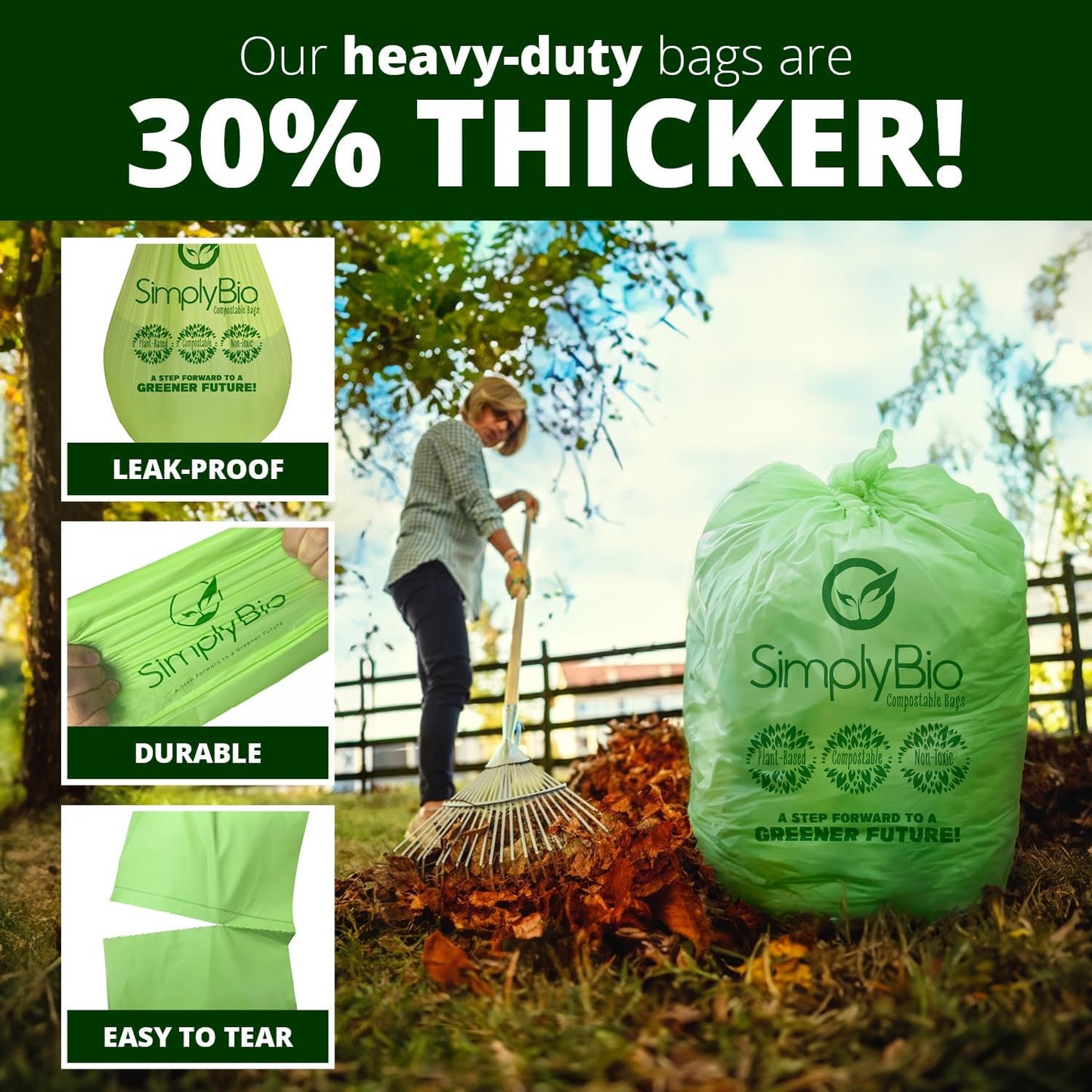 Simply Bio 60-65 Gallon Compostable Trash Bags Liners Flat-Top, Heavy Duty Extra Thick 2 Mil, 242.27 Liter, 12 Bags, Lawn, Yard, and Restaurant Use, ASTM D6400, US BPI, OK Compost Home Certified
