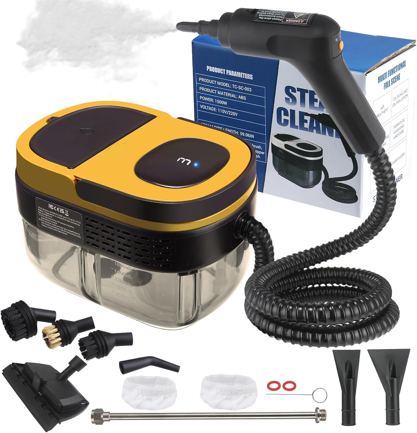 Steam Cleaner, 3-Level Adjustable Handle, 15s Heat-Up, 1.69 Quarts Tank, Portable Steamer for Cleaning with 10 Accessories, Steam Cleaner for Home for Dirt (Yellow)
