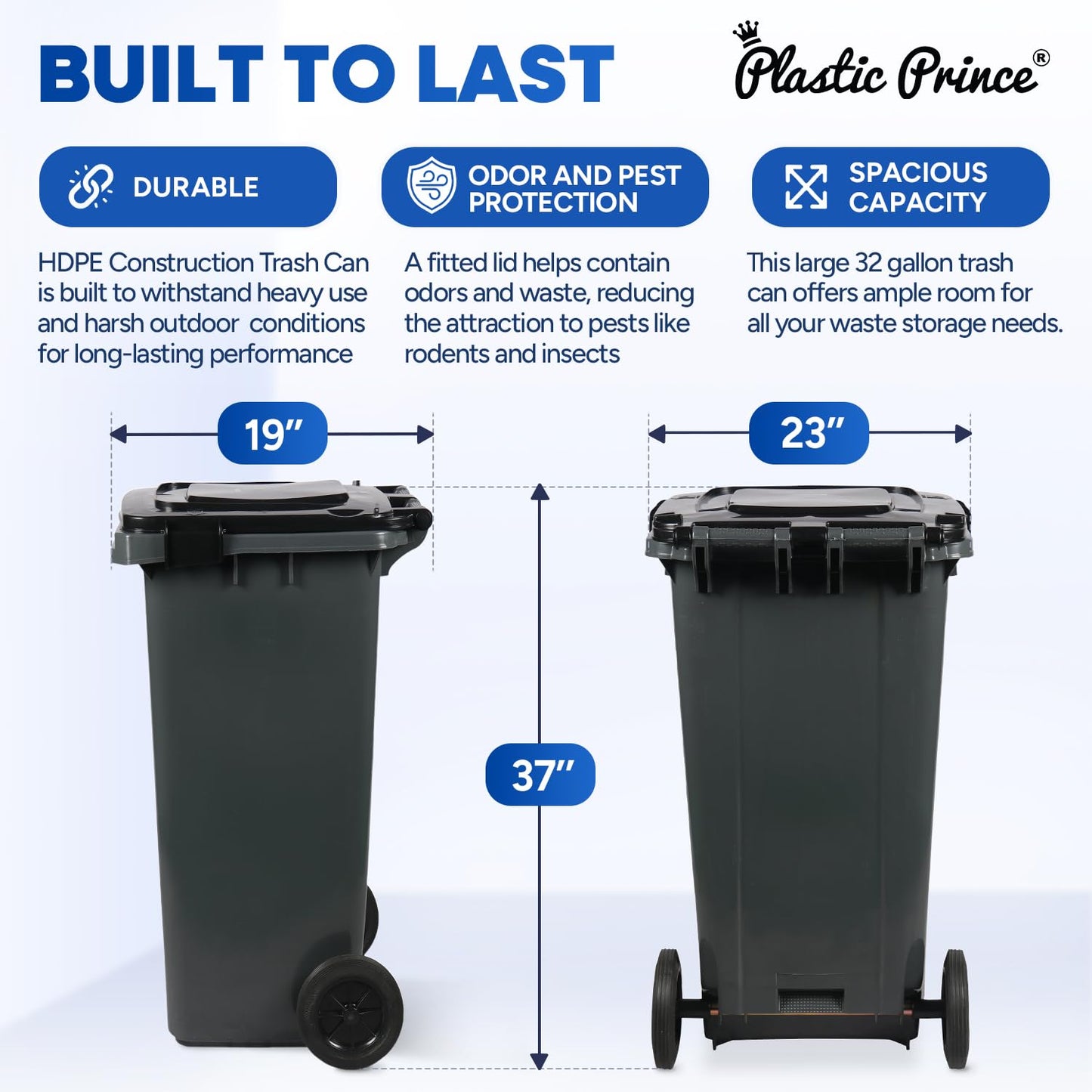 32 Gallon Step-On Large Outdoor Trash Can with Lid and Wheels - Outside Plastic Rolling Garbage Can - Rollout Commercial Heavy-Duty Container Barrel, Gray