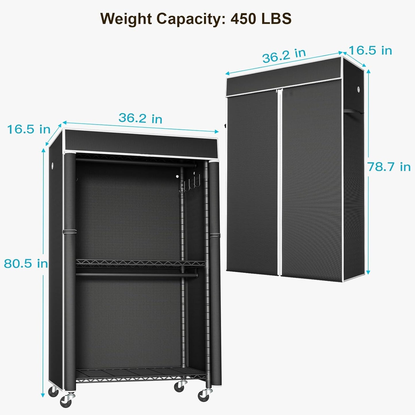 FUTASSI Clothing Rack with Cover, P1C Rolling Closets with Wheels, Metal Garment Rack for Hanging Clothes, Clothing Storage Wardrobe with Cover, 36.2" W x 16.5" D x 80.5" H, Black, Load 450 Pounds