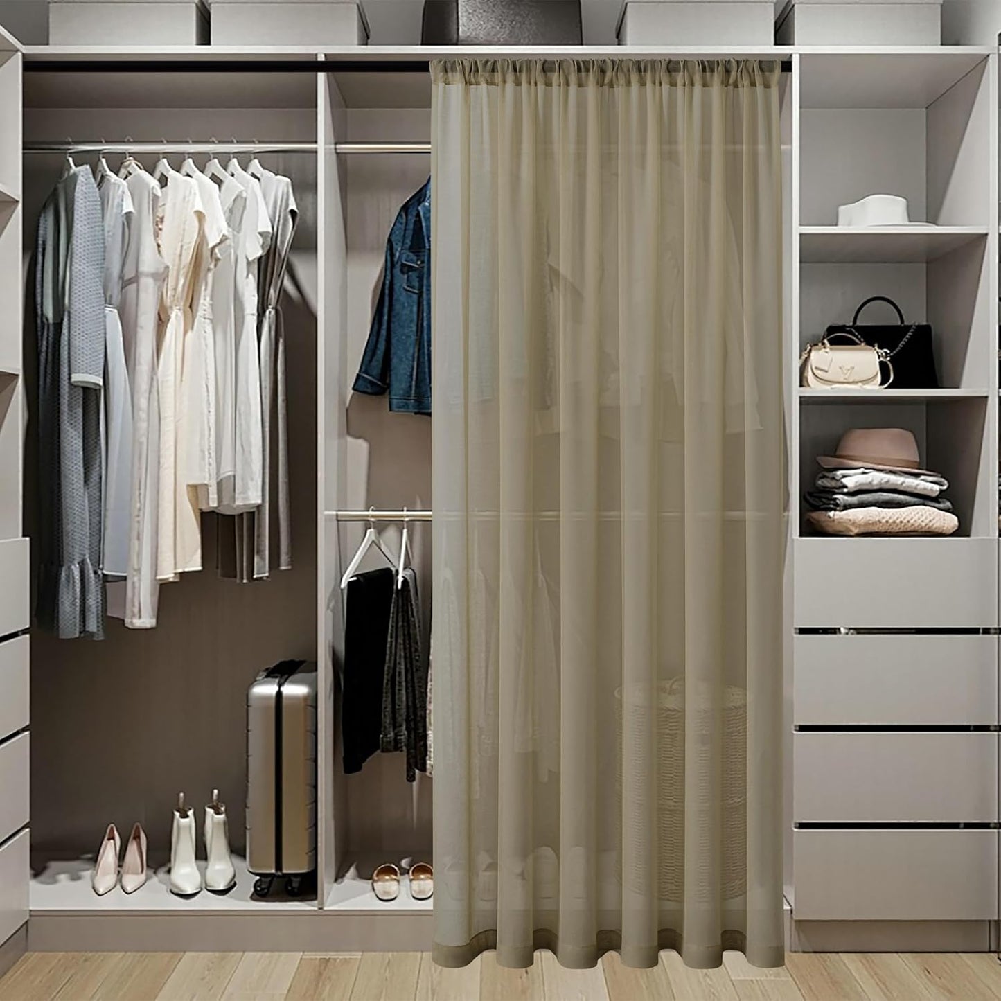 Tollpiz Short Sheer Door Curtains Closet Linen Textured Curtains Sheer Doorway Light Filtering Voile Patio Glass Door Rod Pocket Curtain French Door, 54 x 40 inches Long, Taos Taupe, Set of 1 Panel