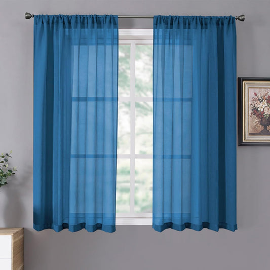 Tollpiz Sheer Curtains Linen Textured Living Room Curtain Sheers Light Filtering Rod Pocket Voile Curtains for Bedroom, 42 x 63 inches Long, Classic Blue, Set of 2 Panels