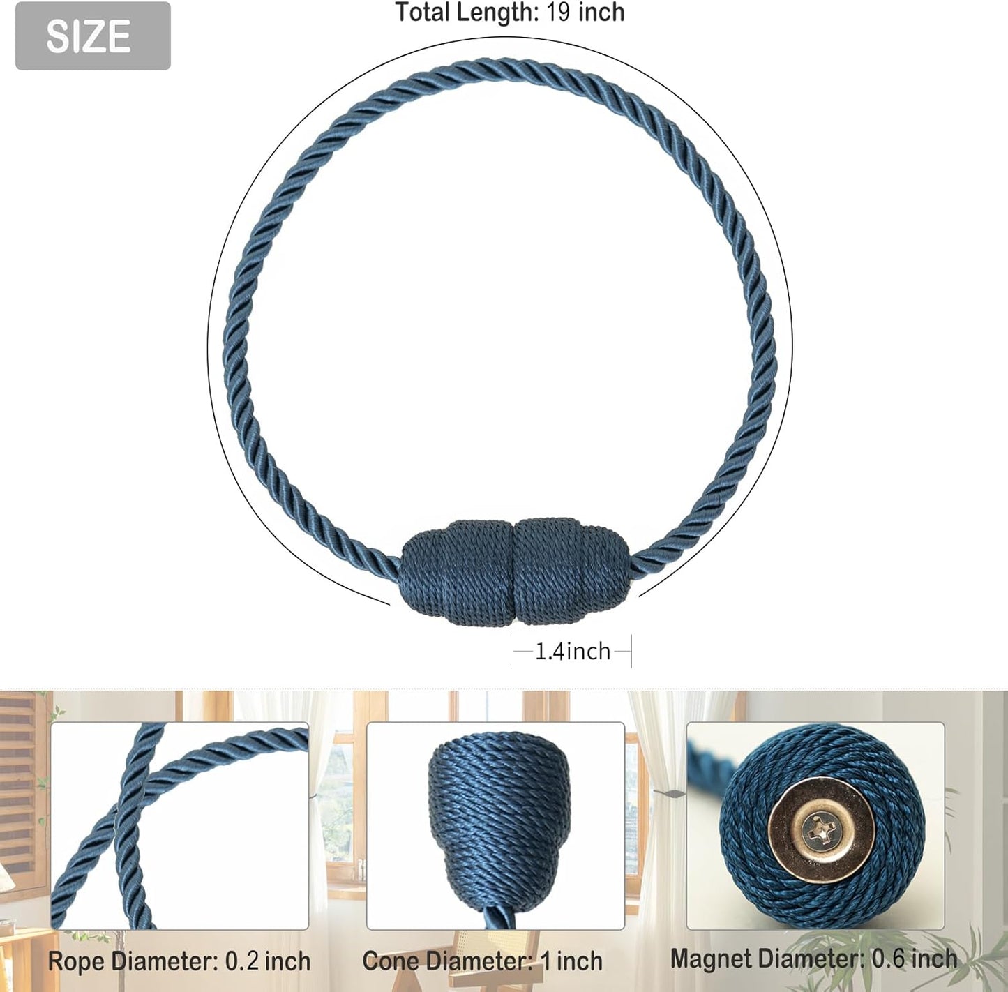 Magnetic Curtain Tiebacks Rope Tie Backs 6 Pack Curtains Holders for Drapes Decorative Window Holdbacks, Blue