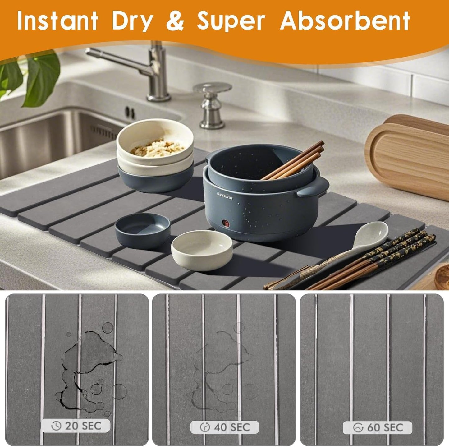 Large Stone Dish Drying Mats for Kitchen Counter, Foldable Quick Drying Mats, Eco-Friendly, diatomaceous earth bath mat, tapete de piedra absorbente para cocina 24" L x 16" W Inches (DARK GREY, LARGE)