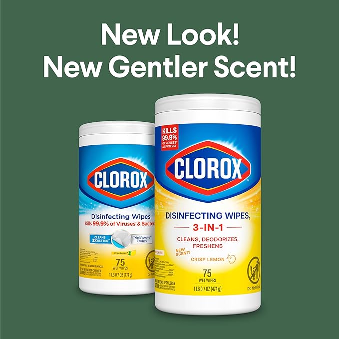 Clorox Disinfecting Cleaning Wipes, Bleach Free, Crisp Lemon, 75 Count, Pack of 6 (Pack May Vary)