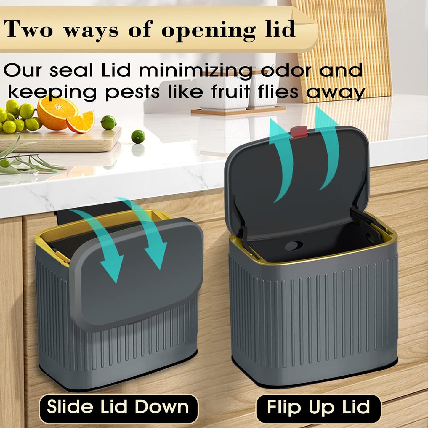 GloDeals Compost Bin, Detachable and Countertop Bin, 4 Liter / 1.06 Gallon, Stainless Steel Small Trash Can with Lid, Kitchen Compost Bin Under Sink Cabinet Hanging Trash Can for Kitchen(Dark Grey)