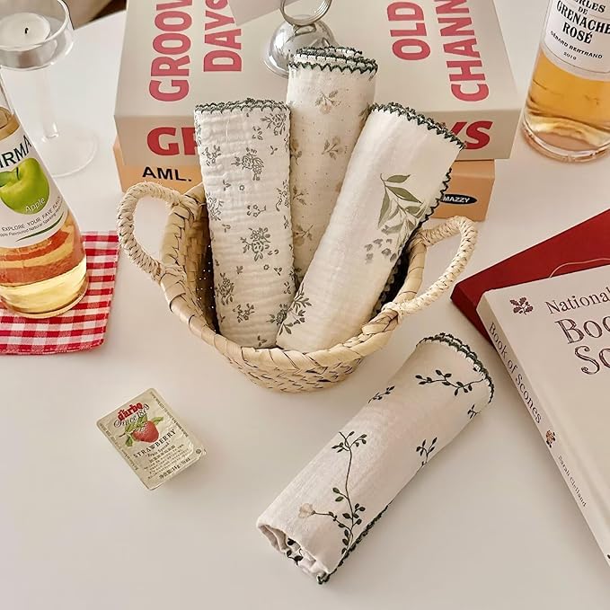 BuLuTu Cotton Muslin Kitchen Towels Set - Pack of 4 Cotton, 11x11 Inches, Kitchen Dish Towels Dishcloths Tea Towels Reusable Cleaning Rags, Stylish Wash Cloths, No Odor