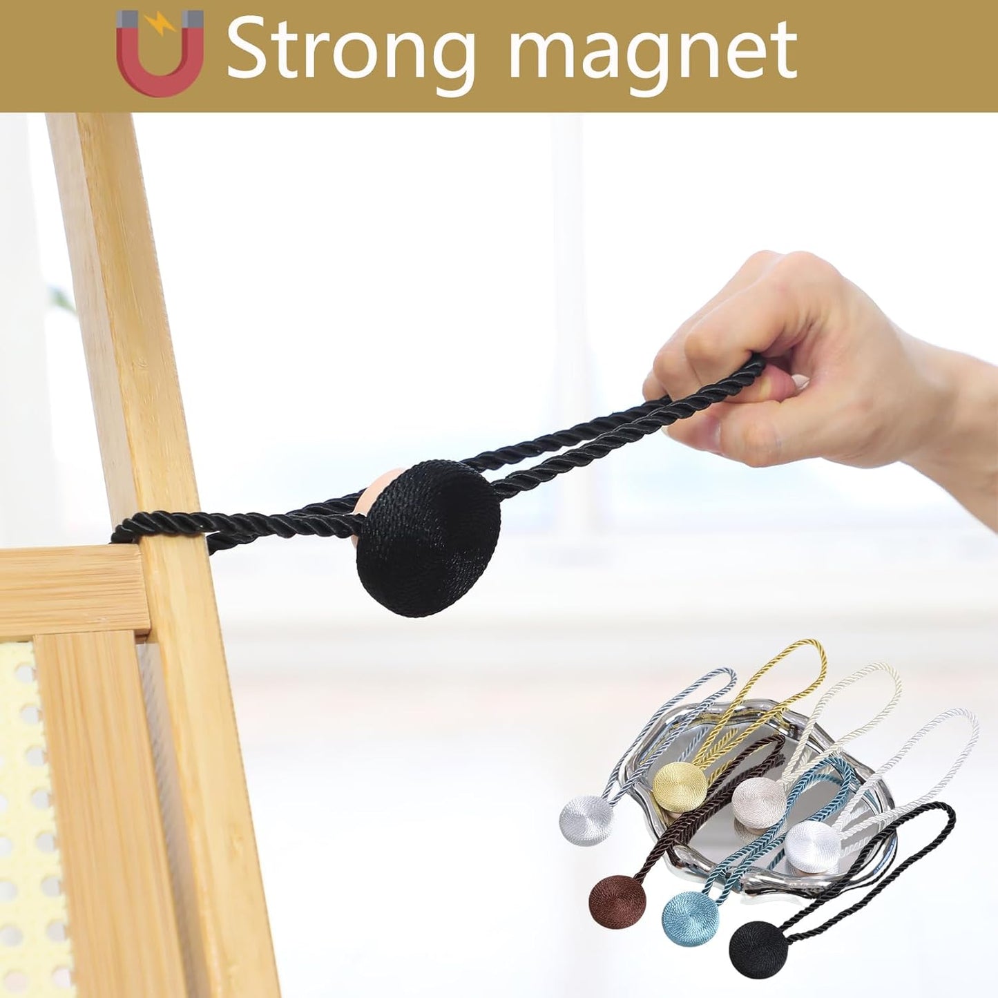 Magnetic Curtain Tiebacks - 12mm Magnetic Tie Backs for Curtains, Heavy Duty No Drill Curtain Holdbacks for Home/Office Windows Drapes, Elegant Gift-Ready Design 7 Colors (2, Black)