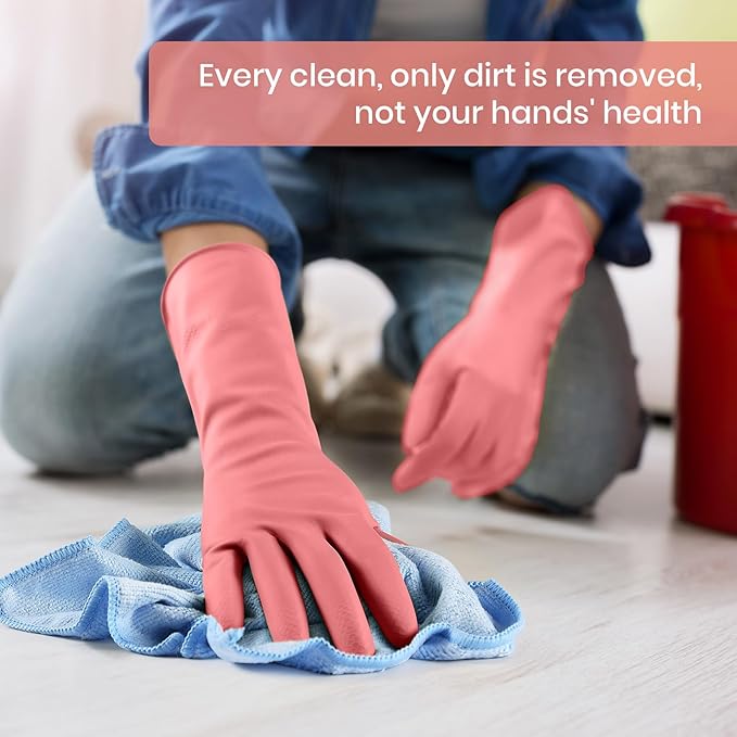 Rubber Cleaning Gloves for Dishwashing, 4 Pairs Reusable Kitchen Gloves for Washing Dishes and Household Cleaning, Pink Dish Gloves with Flocked Lining and Non-Slip Grip, Pefect for Woman Men - S