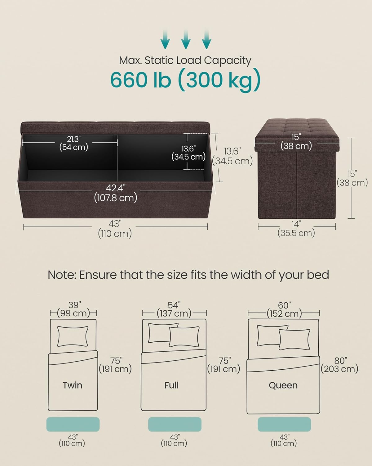 SONGMICS MAZIE Collection - 43 Inches Folding Storage Ottoman Bench, Ottoman Foot Rest, End of Bed Bench, Storage Chest, Load 660 lb, for Living Room, Bedroom, Entryway, Brown ULSF77BR