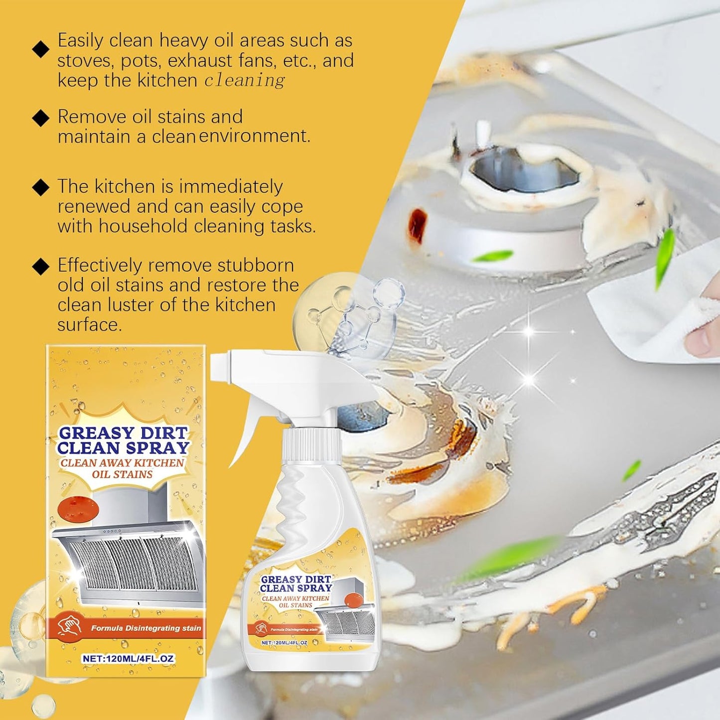 Multifunctional Powerful Kitchen Foam Cleaner, Rotateepic Foam Cleaner, Greasy Dirt Clean Spray, All-Purpose Heavy Duty Degreaser Cleaning Spray for Oven, Stove and Range Hood (2pcs)