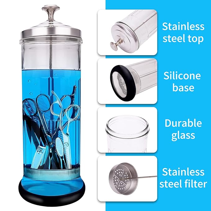 Disinfectant Sterilizer Jar - Durable Glass for Nail Tools and BarberShop Hair Stylist Tools (50 Oz /1500ml)