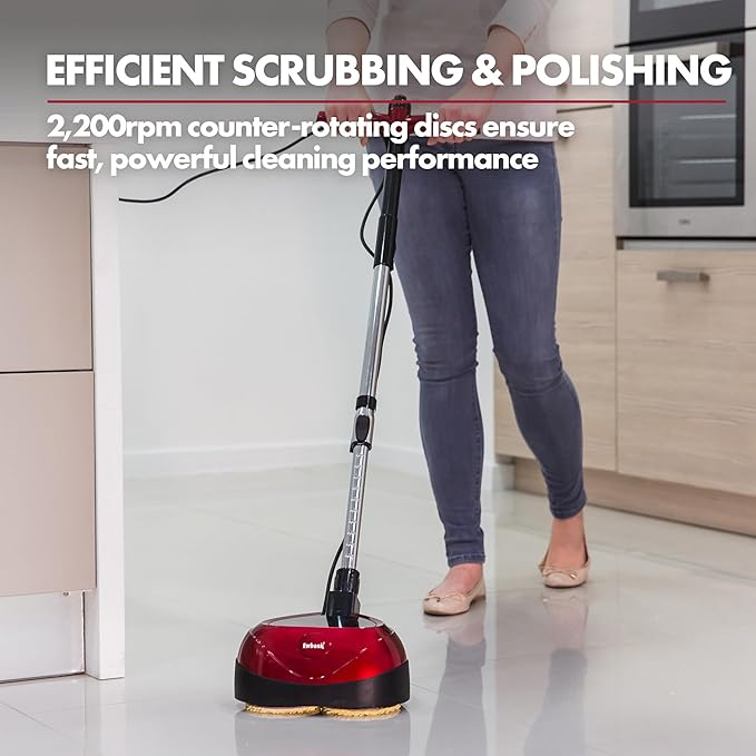 Ewbank EP170 Complete Cleaner, Washer, Scrubber, Scourer, and Polisher, Interchangeable Brushes and Pads Multi-Use Floor Machine, 2200 rpm, Lightweight, Red, 8 Pound