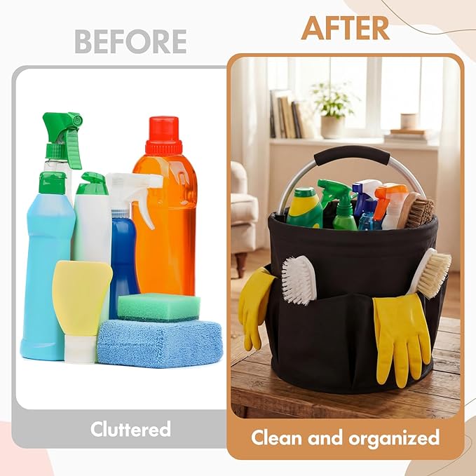 LemonRoad 4 Pack Cleaning Caddy with Handle 17L Foldable Cleaning Supplies Organizer Oxford Cloth Storage Basket with 6 Pockets & Soft Grip Portable Multi Bucket Bag for Home, Garden (Black)