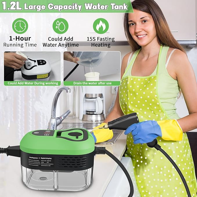 Handheld Steam Cleaner for Home, 2500W High Temperature Pressurized Machine, 1.2L Water Tank, Handle-controlled Steam Output, Portable Cleaning Steamer for Car, Bed Bugs, Furniture, Grout (Green)