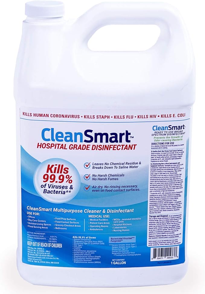 CleanSmart Hospital Disinfectant, Kills 99.9% of Viruses and Bacteria, Hypochlorous Acid Technology, EPA Registered, 4 Gallons (HOCL)