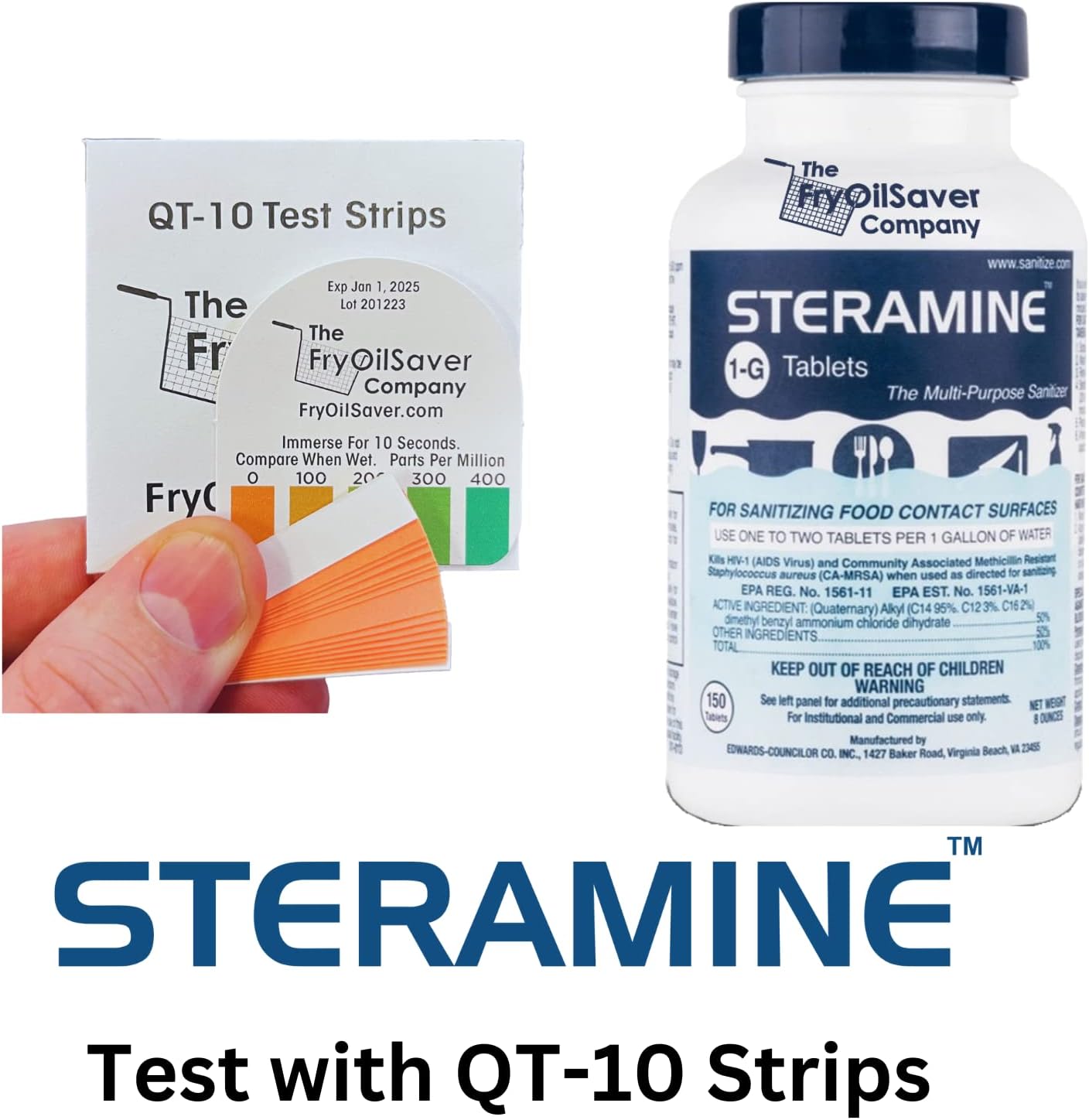 Pack of 4 (600 Tab) Steramine Sanitizing Tablets w/ 30x QT-10 Test Strips by FryOilSaver Co., Steramine Multi Purpose Contact Solution Sanitizer Tablets for Gym, Hotel, Bar, Restaurants & Food Service