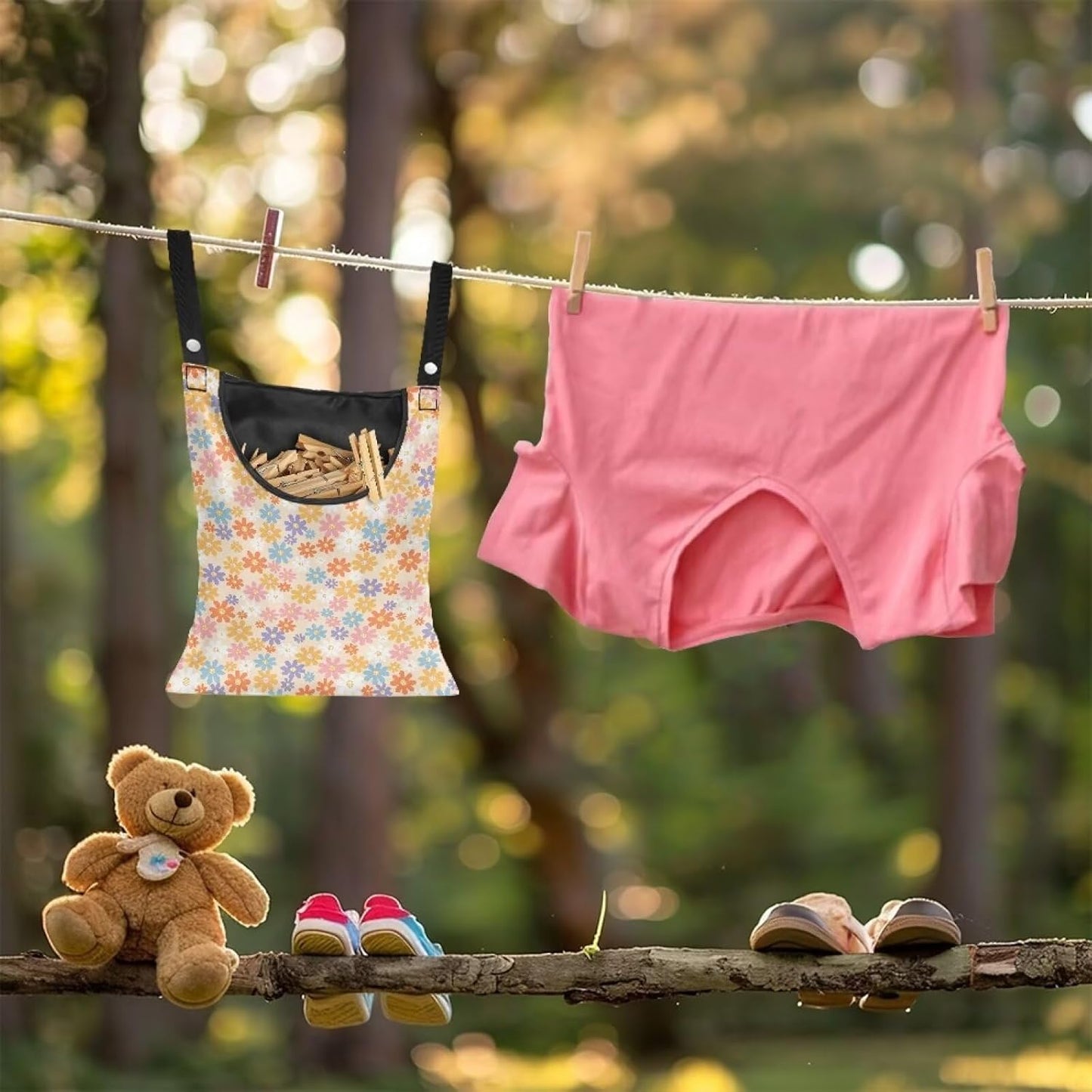 2 Pcs Flower Clothes Pin Hanging Bag, Clothespin Bag Organizer Clothes Pin Bag to Hang on Line with Large Opening Washable Clothespin Storage Bag