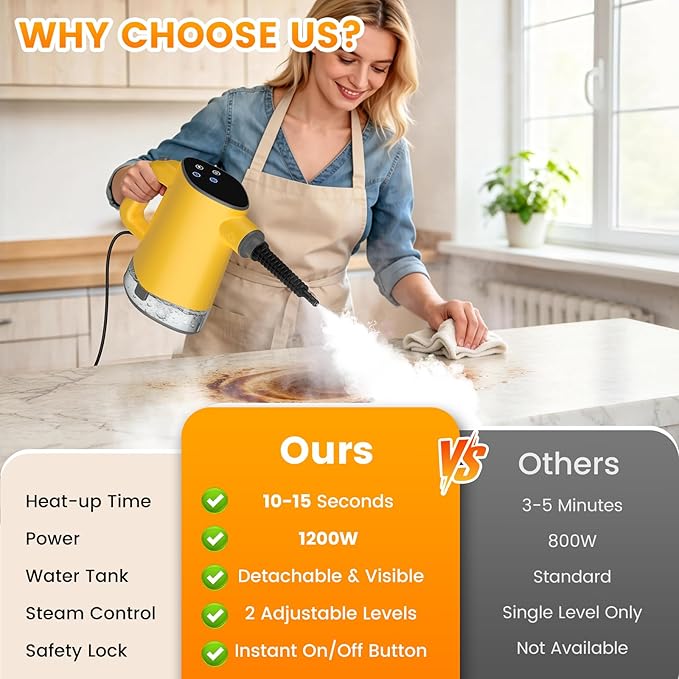 Steam Cleaner, Adjustable Handheld Steam Cleaner for Home, 10s Fast Heat-Up & 450mL Tank, Multi-Surface Portable Steamer for Cleaning Floor/Grout/Car/Kitchen & Bathroom Yellow