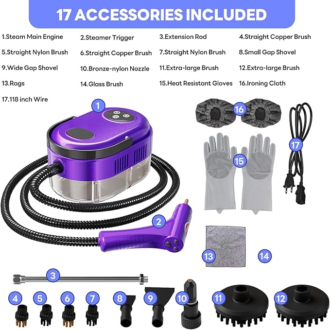 Handheld Steam Cleaner, 10s Fast Handheld Heating Steamer for Cleaning 15-in-1 High Pressure Steam Cleaner for Home & Kitchen, Grease, Grout, Tile,Floor,Couch and Car