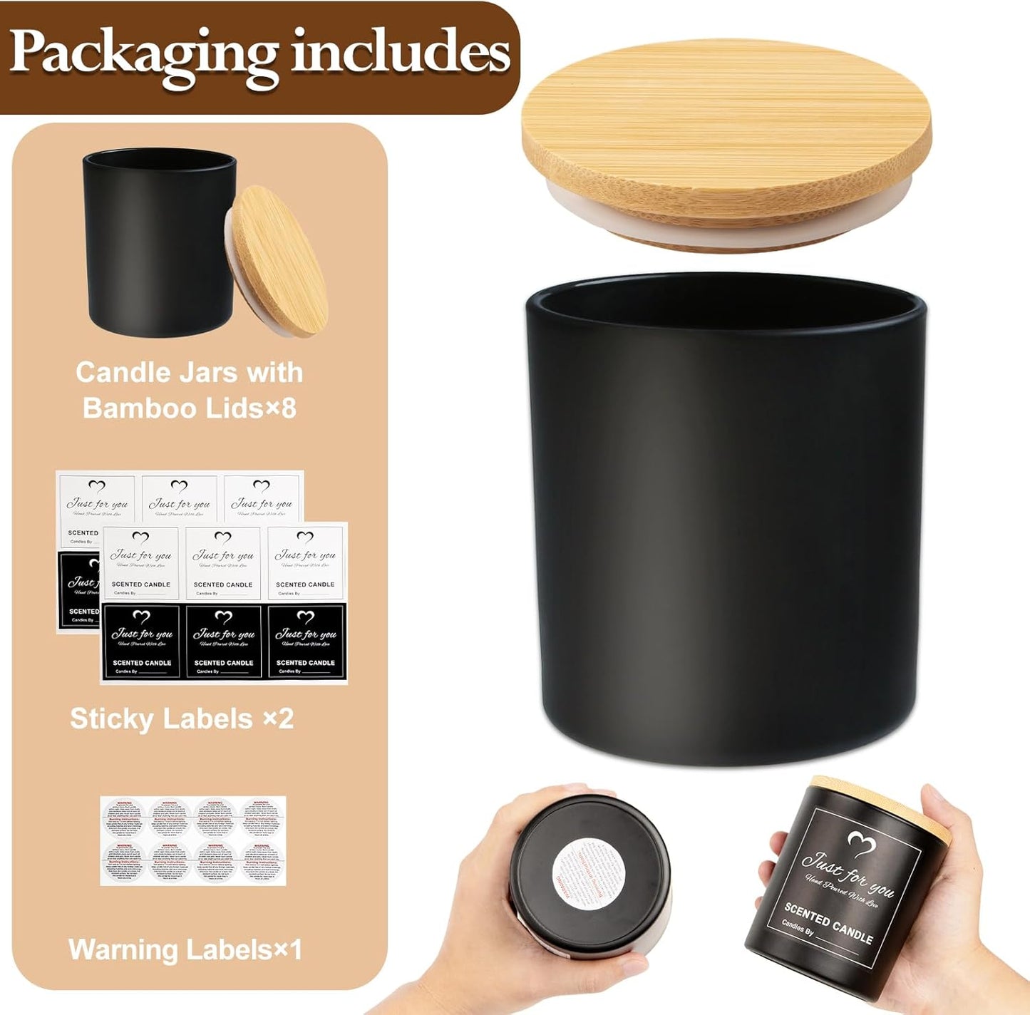 CONNOO 8 Pack 14 OZ Empty Black Glass Candle Jars for Making Candles with Bamboo Lids and Sticky Labels, Bulk Candle Jars for Making Candles - Spice, Powder Containers.