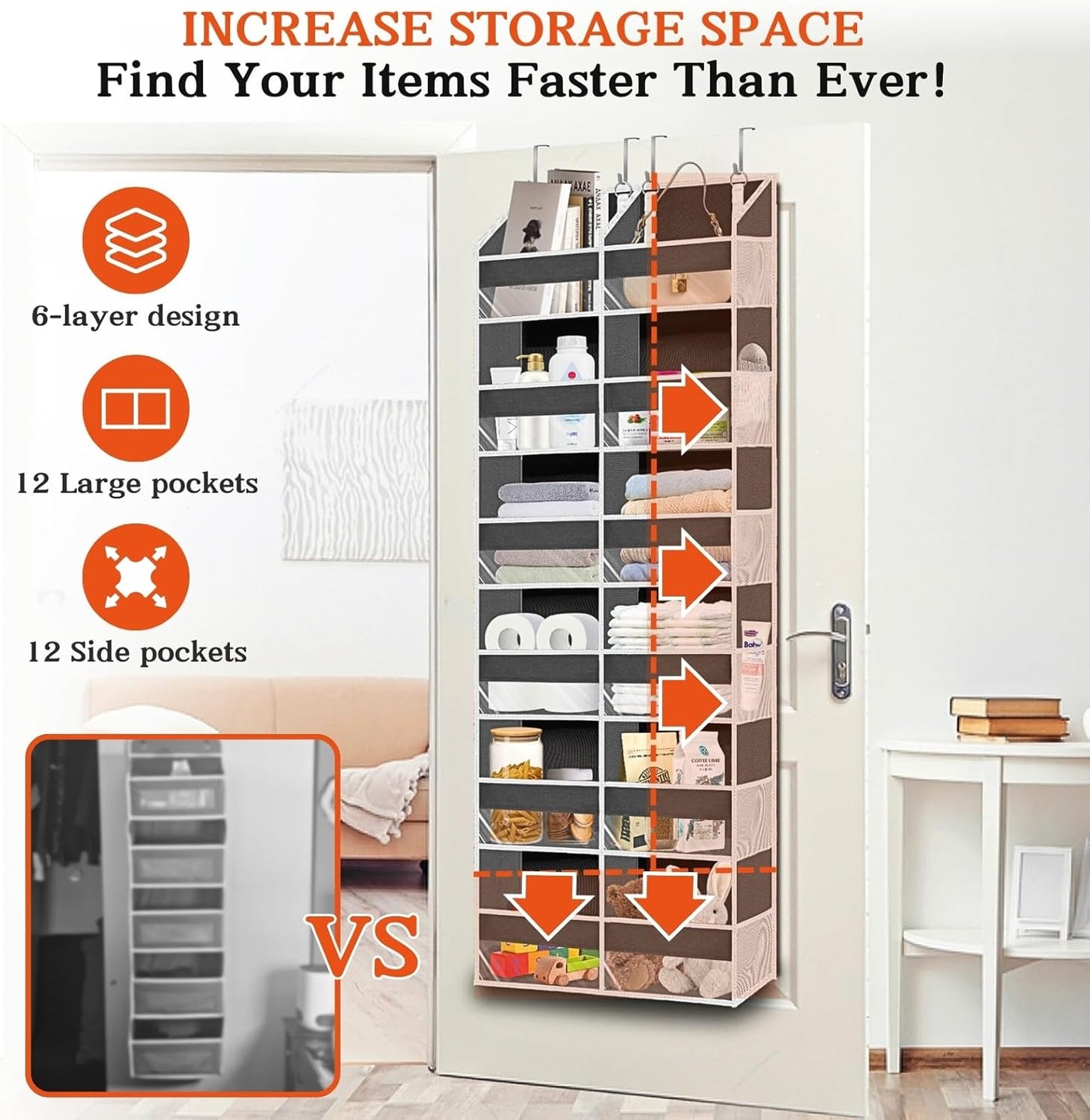Over the Door Organizer 6 Tiers, Extra Large Behind Door Storage of 12 Compartments, 80 lbs Weight Capacity Hanging Storage Organizer with Clear Window Kids Toys, Shoes, Diapers, Room storage