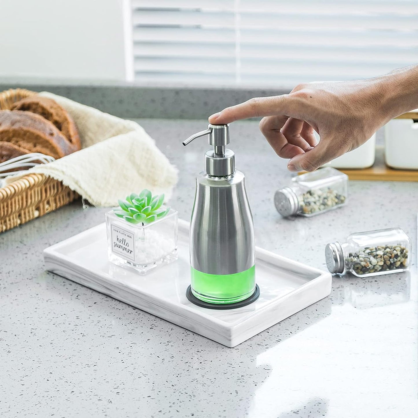 Gaussra Soap Dispenser with Coaster and Stickers, Brushed Nickel Stainless Steel Case Glass Liner Hand Pump Dispenser, Refillable Liquid Hand Soap Dispenser for Bathroom & Kitchen (11OZ / 320ML)