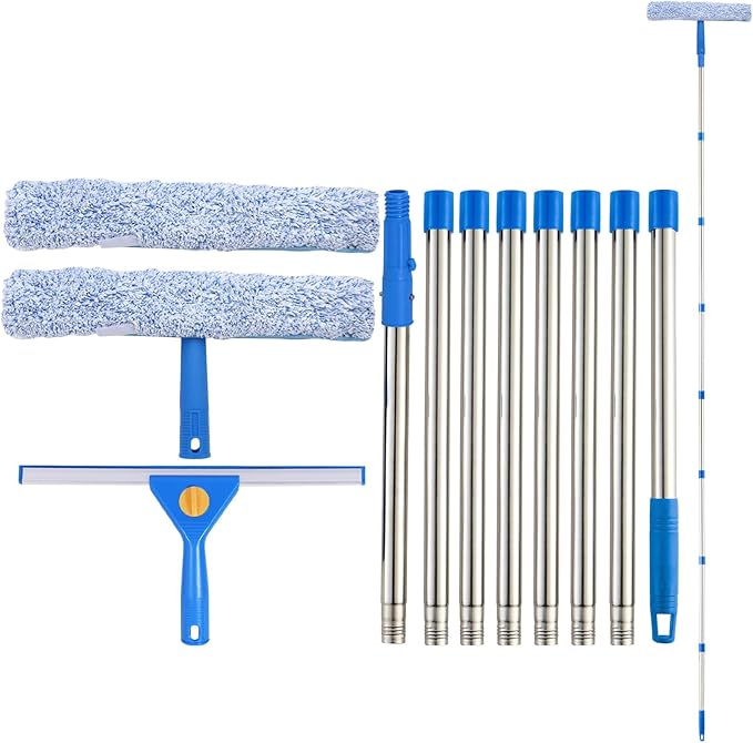10Ft Window Cleaning Kit with Extension Pole, 14" Squeegee and 15" Scrubber with Long Handle, Window Cleaner Tool Washing Equipment for Outdoor High Windows Glass