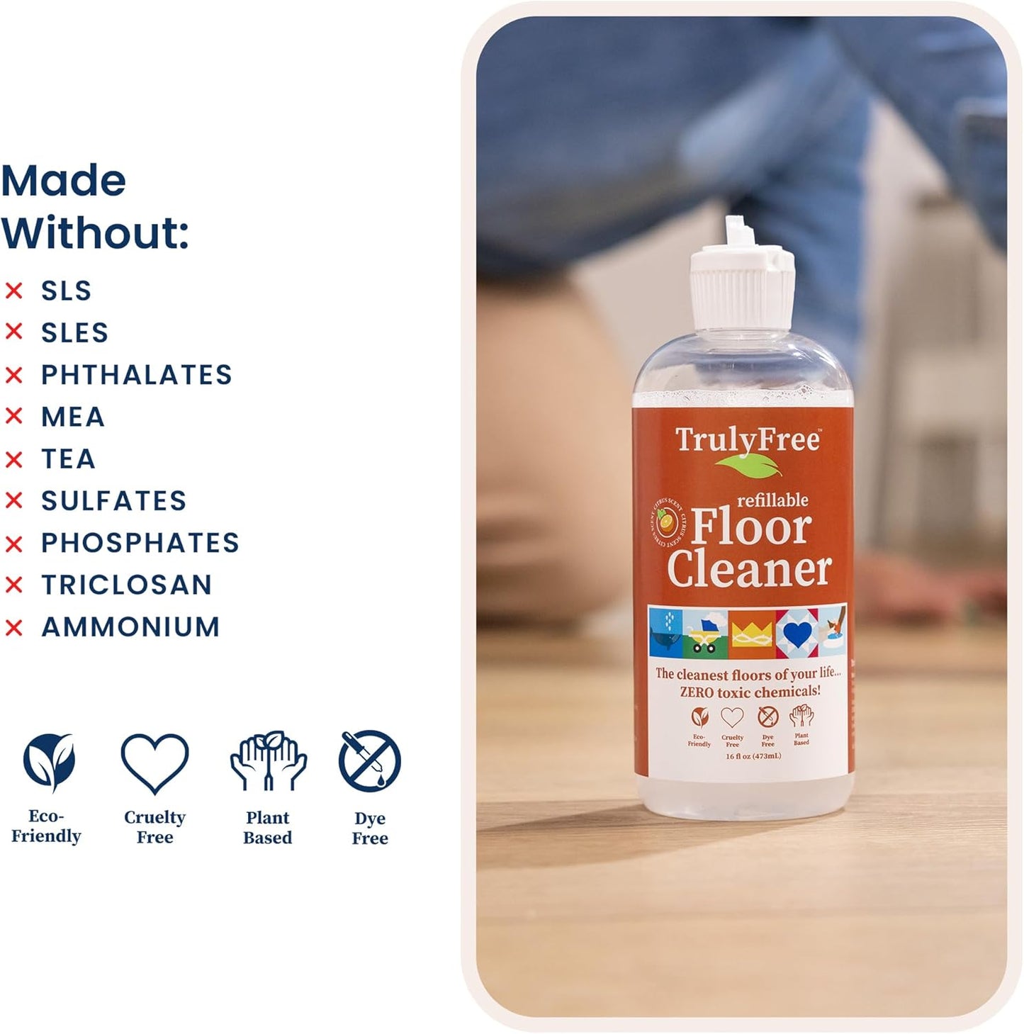 Truly Free Floor Cleaner Kit - Plant-Based Mopping Solution (16oz Reusable Empty Bottle + Two Pouches, 3oz ea.) - DIY All-Surface Cleaner for Hardwood, Tile, Wood & Concrete