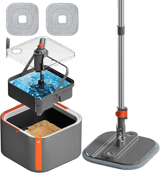 KZKR Upgraded Spin Mop and Bucket Set, Separate Clean and Dirty Water System, 360° Foldable Square Mop Head with Washable Microfiber Mops Pad, Detachable Bucket for Home Floor Cleaning