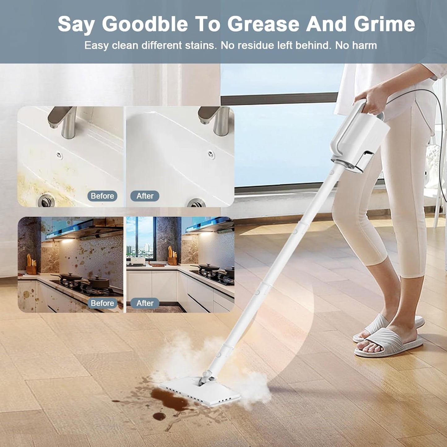 Steam Cleaner, 6 in1 Rotated Steam Mop Cleaner with 2 Modes, 2 Microfiber Pads, 400ML Removable Tank, 23FT Power Cable, Detachable Steam Mops for Floor, Laminate Floor, Tiles Cleaning (White)