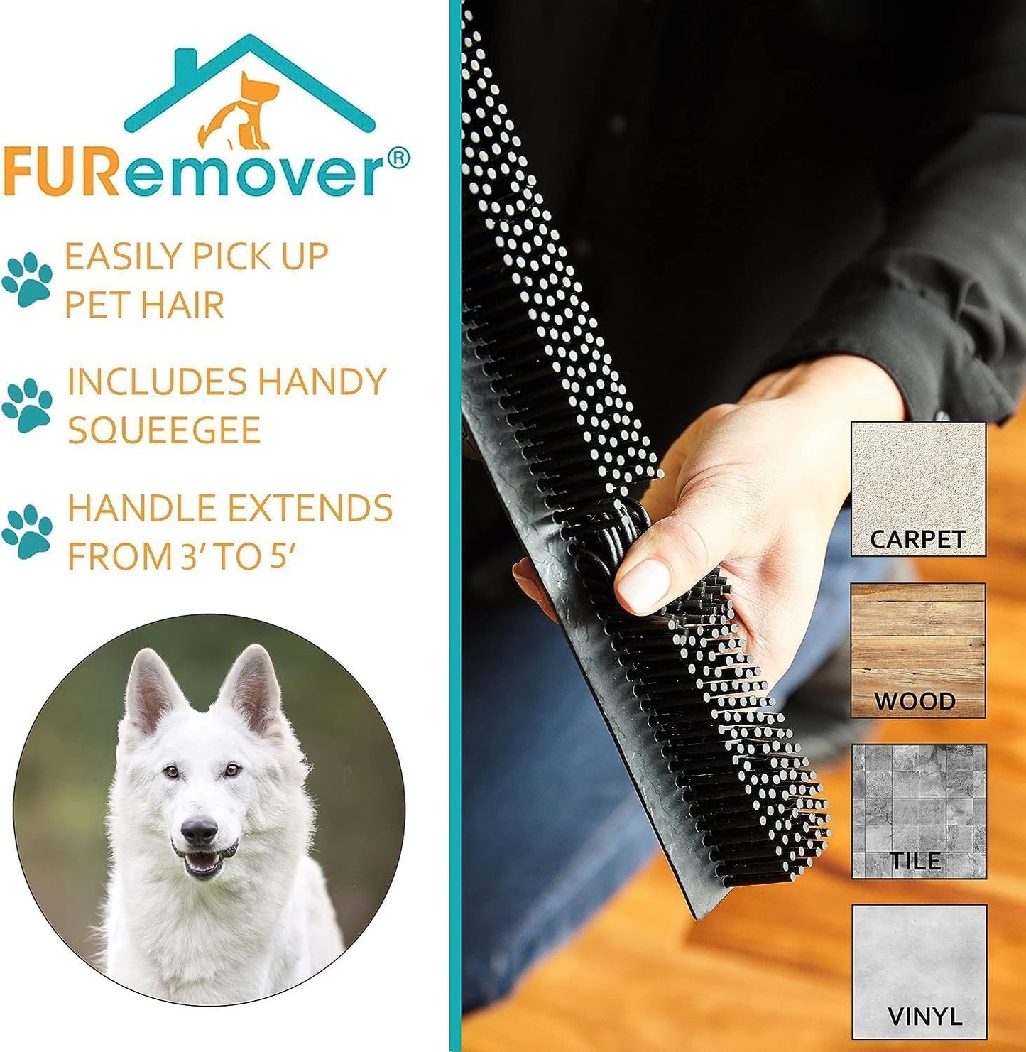 FURemover Original Pet Hair Rubber Broom with Squeegee, with 58” Telescopic Handle for Carpet, Tile and Hardwood and Scrub Cloth Combo