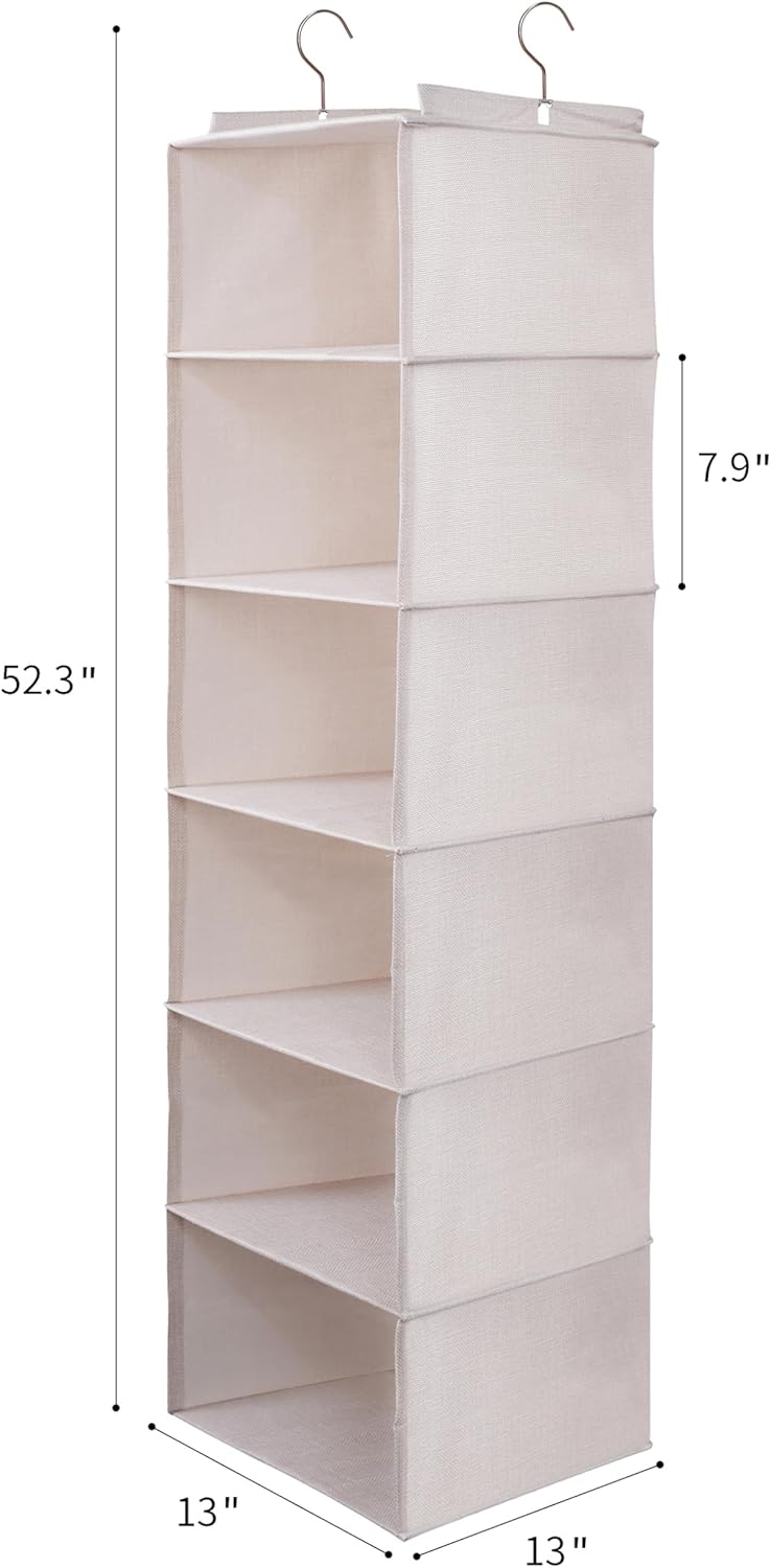 Large Hanging Sweater Organizer for Closet,Collapsible 6-Shelf Hanging Closet Shelves with Drawers, Washable (Beige -6 Shelf-1 d)
