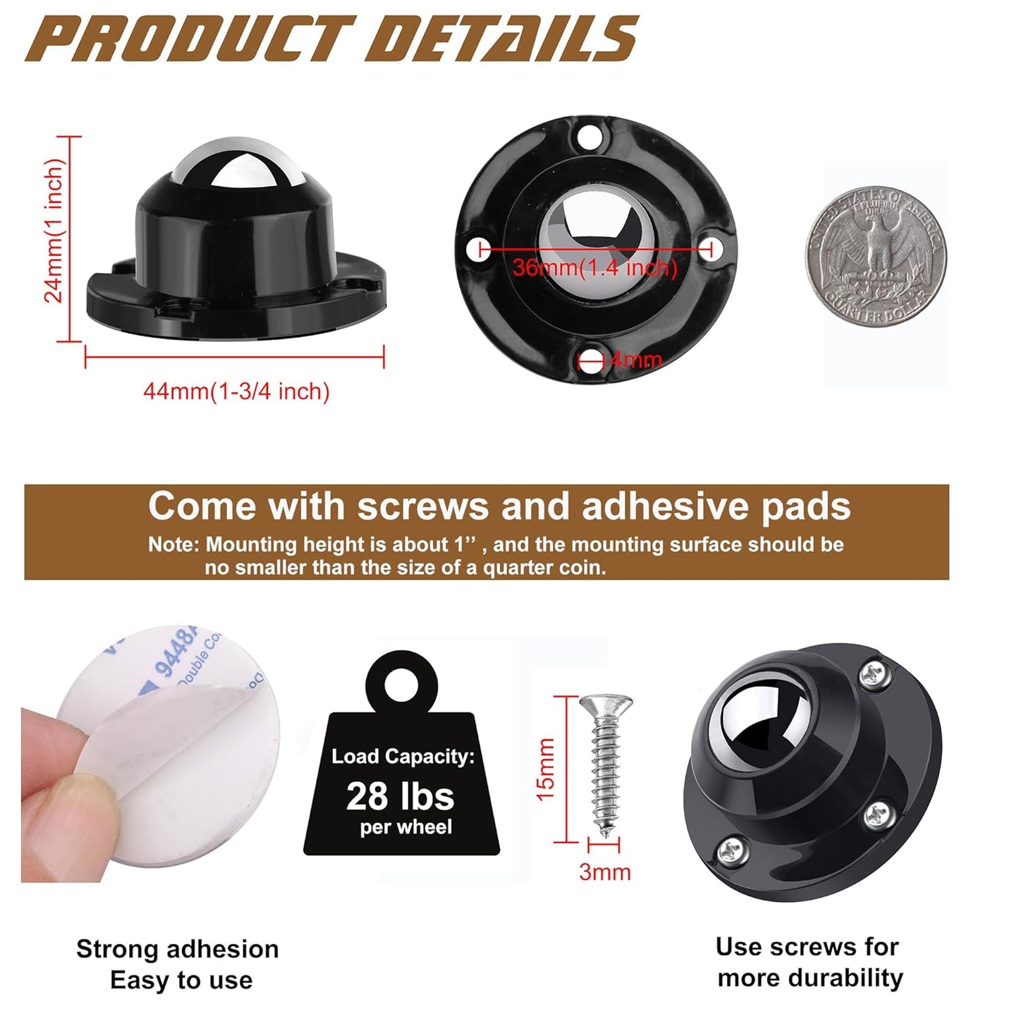 PlusRoc 12 Pack Self Adhesive Caster Wheels 1 Inch for Furniture Mop Bucket, Load Capacity 28LBS Per Wheel, Low Profile Swivel Wheels for Small Appliance Storage Bins