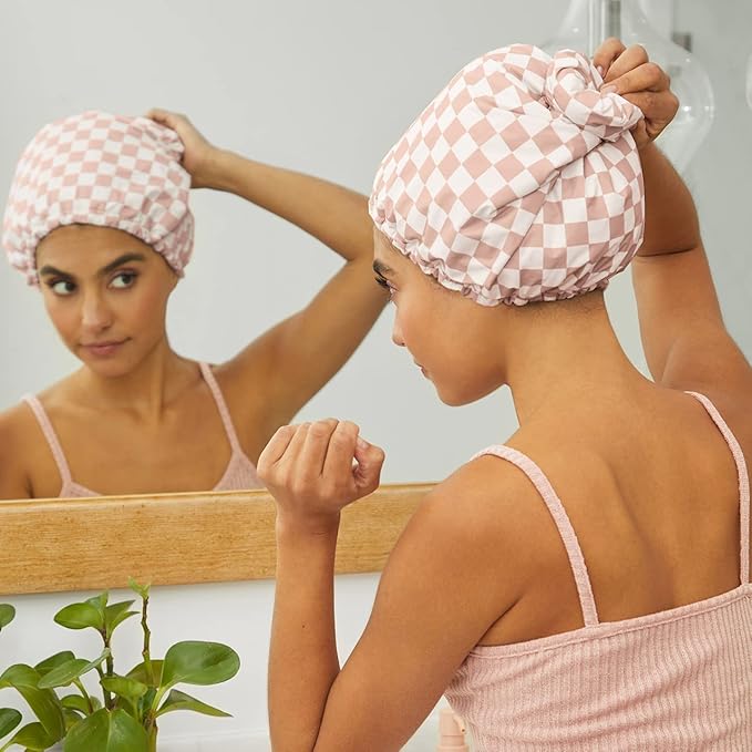 Kitsch Luxury Satin-Lined Flexi Shower Caps for Women Reusable Waterproof - Large Wide Shower Cap for Women & Men, Adjustable, Stylish Hair Cap for Showers, For Long & Short Hair - Terracotta Checker