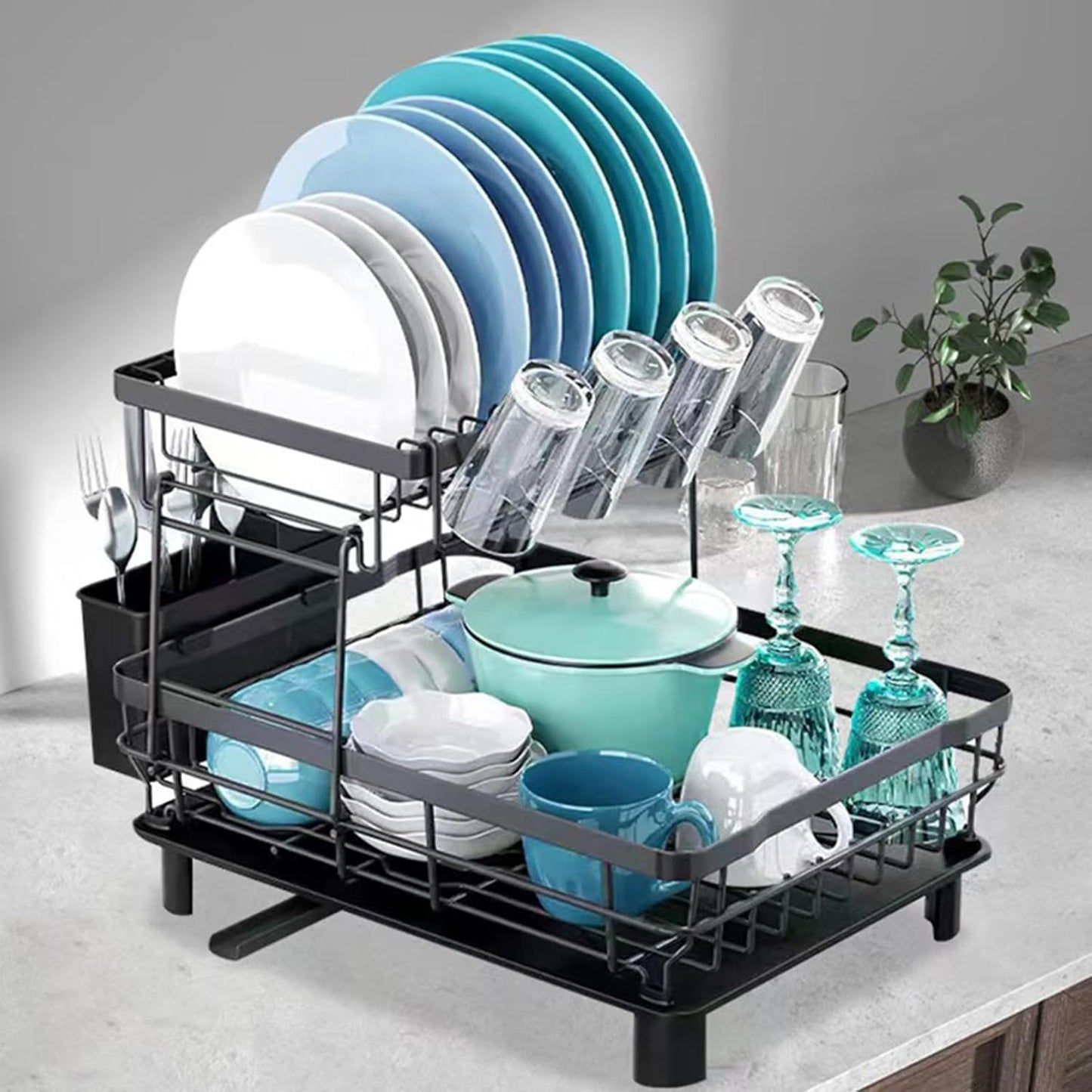 Dish Drying Rack, Space Saving & Durable, Rust-Proof Large 2 Tier Stainless Steel Dish Racks for Kitchen Counter with Cutlery & Cup Holder & Drainboard -Grey