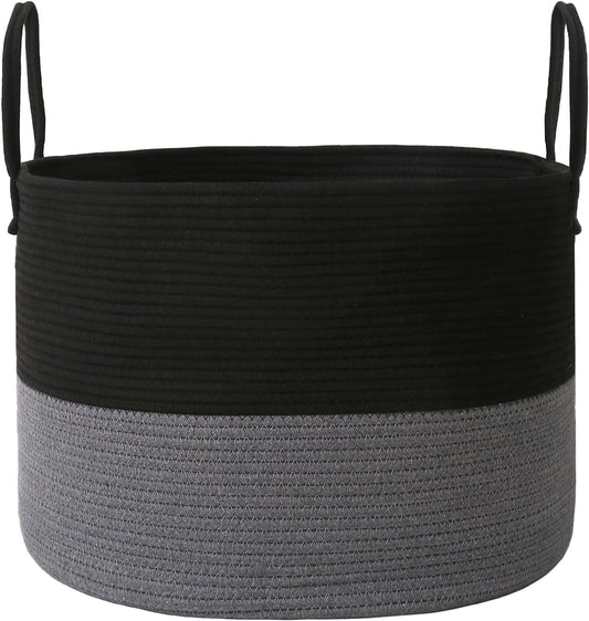 Woven Blanket Basket,115L Large Rope Storage Bin with Handles, Organizer for Blankets Toys Book and Clothes, Laundry Basket for Living Room Bedroom Nursery,Black&Grey