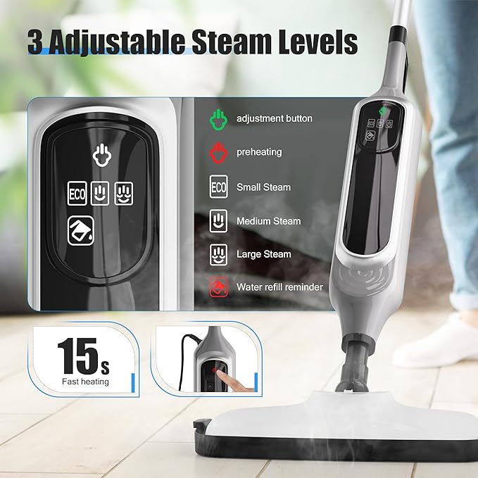 12 in 1 Steam Mop, Detachable Handheld Steam Cleaner for Home, 23FT Cord, for Hardwood Floor Cleaning, Tile, Carpet, Furniture, Clothes, Windows, Grey