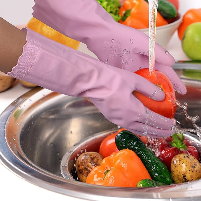 Bamllum Rubber Cleaning Gloves - 3 Pairs Latex Free Kitchen Cleaning Gloves with Cotton Liner- Household Dishwashing Gloves, Non- Slip Waterproof (Medium, Blue+Pink+White) (Pack of 2)