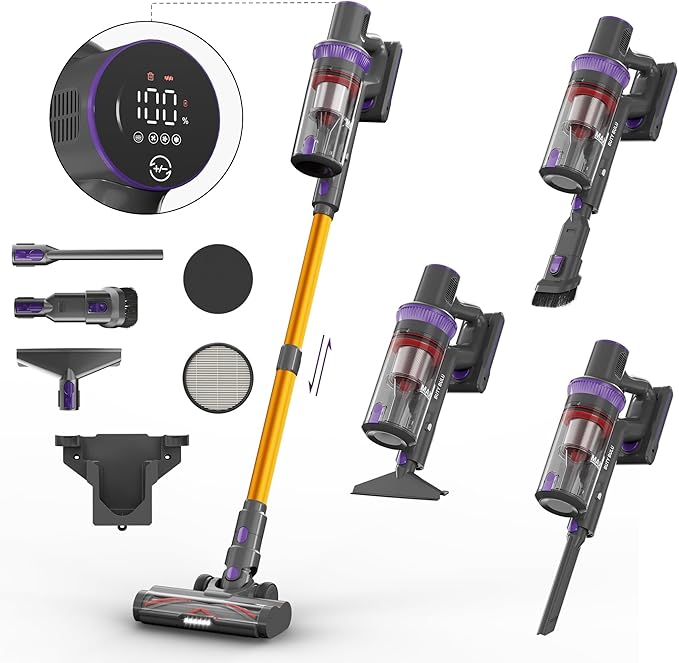 Cordless Vacuum Cleaner, Stick Handheld Rechargeable Lightweight 4-in-1 Vacuum for Home Hardwood Floor Carpet Pet Hair Litter Cleaning, 45KPa Suction 50Mins Running Time, LED Display Screen