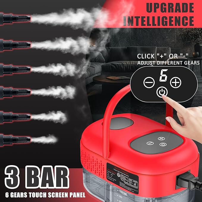 Handheld Steam Cleaner with Touch Screen, Portable Steamer for Cleaning, Hand Held Steamer Cleaner, Pressurized Hand Steam Cleaner for Home Car Detailing Walls Grout Couch Tile Carpet, Red