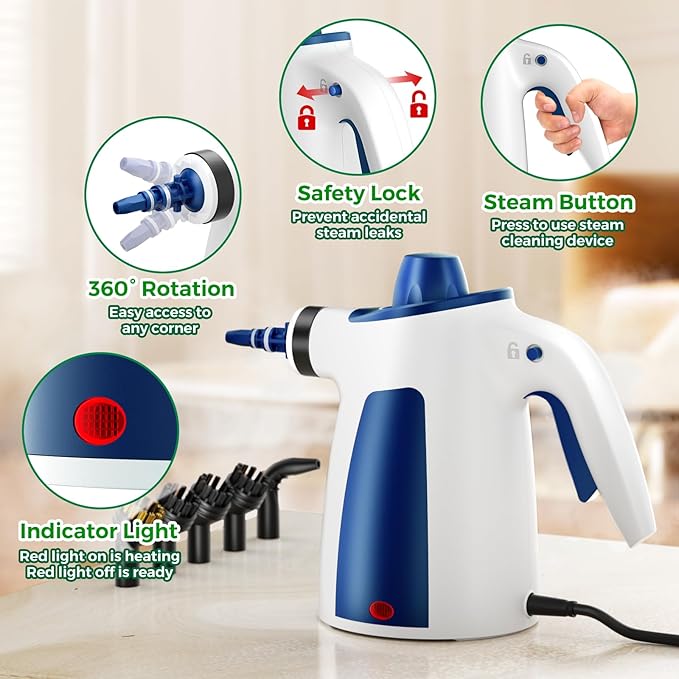Upgraded 1050W Powerful Steam Cleaner, Pressurized Handheld Multi-Surface Natural Steamer with 12PCS Accessories & Safety Lock, 350ML Large Capacity for Home, Kitchen Instant Dissolves Grime & Grease