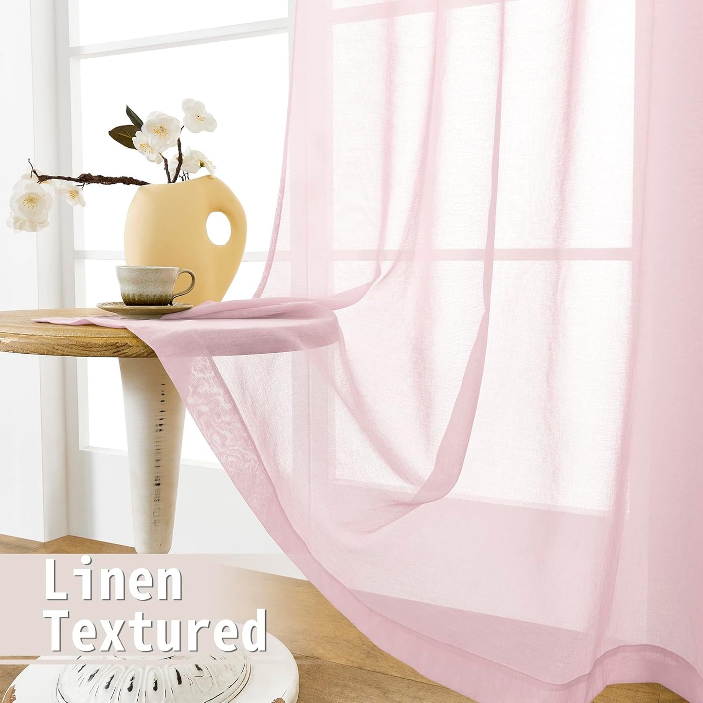 Tollpiz Small Sheer Linen Textured Curtain Sheers Doorway Light Filtering Voile French Door Rod Pocket Curtains, 25 x 40 inches Long, Pink, Set of 1 Panel