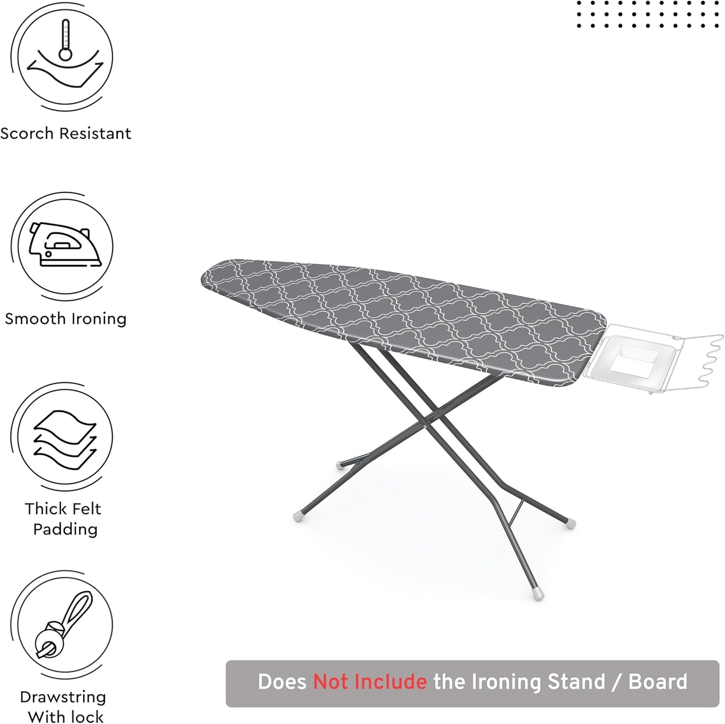 Encasa XO Ironing Board Cover and Pad 54"x15" - Thick 3mm Felt Padding, Drawstring Tightening & Lock, Easy Fit, Scorch & Stain Resistant, Fits Standard Large Ironing Board - Grey Tiles