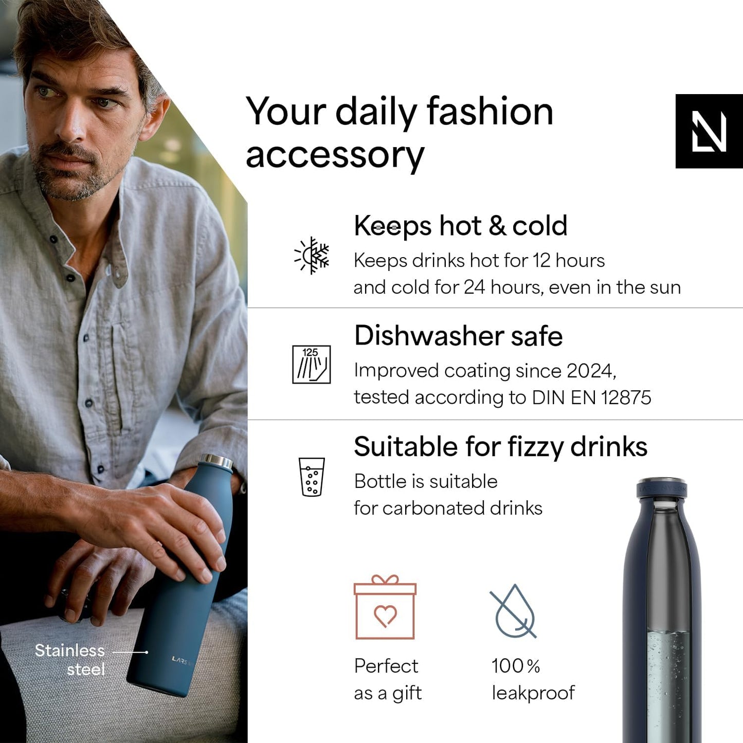 LARS NYSØM Stainless Steel Insulated Water Bottle 12oz 17oz 25oz 34oz 51oz | Insulated Thermo Flask for Hot and Cold Beverages | Leakproof Drinking Bottle (Midnight Blue, 25.4 oz)