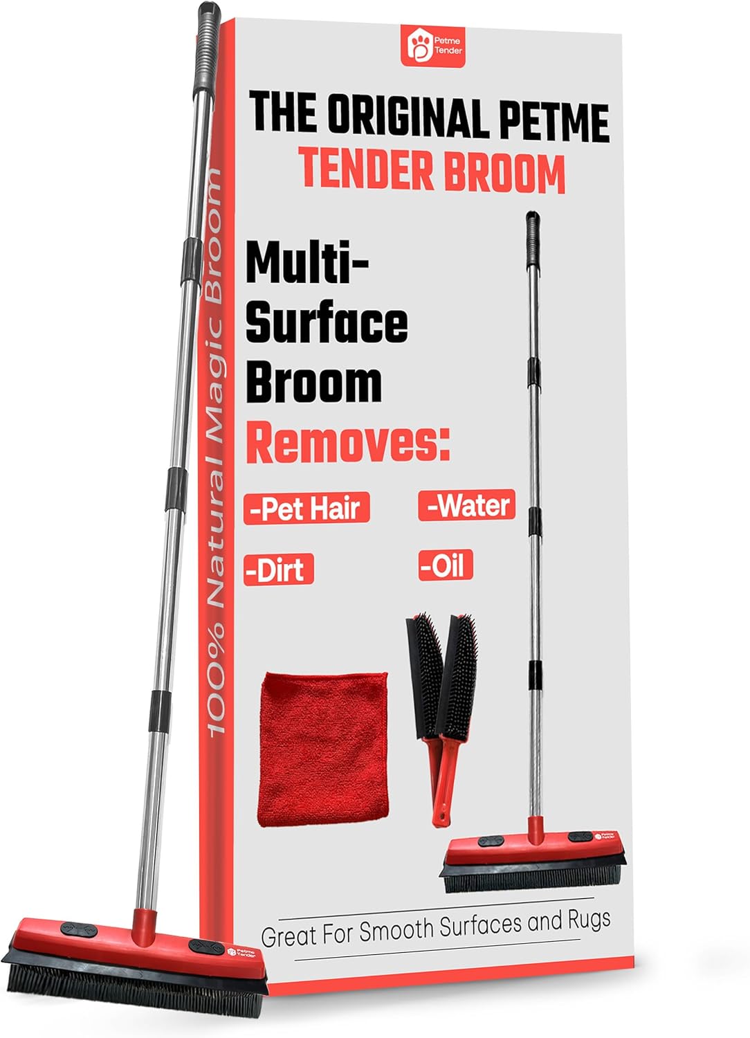 Hybrid Dog Pet Hair Removal Broom with Squeegee – Adjustable Handle Rubber Broom for Pet Hair on Carpet, Hardwood Floors, Tile, & Liquid-Dirt with 2 Portable Hair Brushes & Cloth