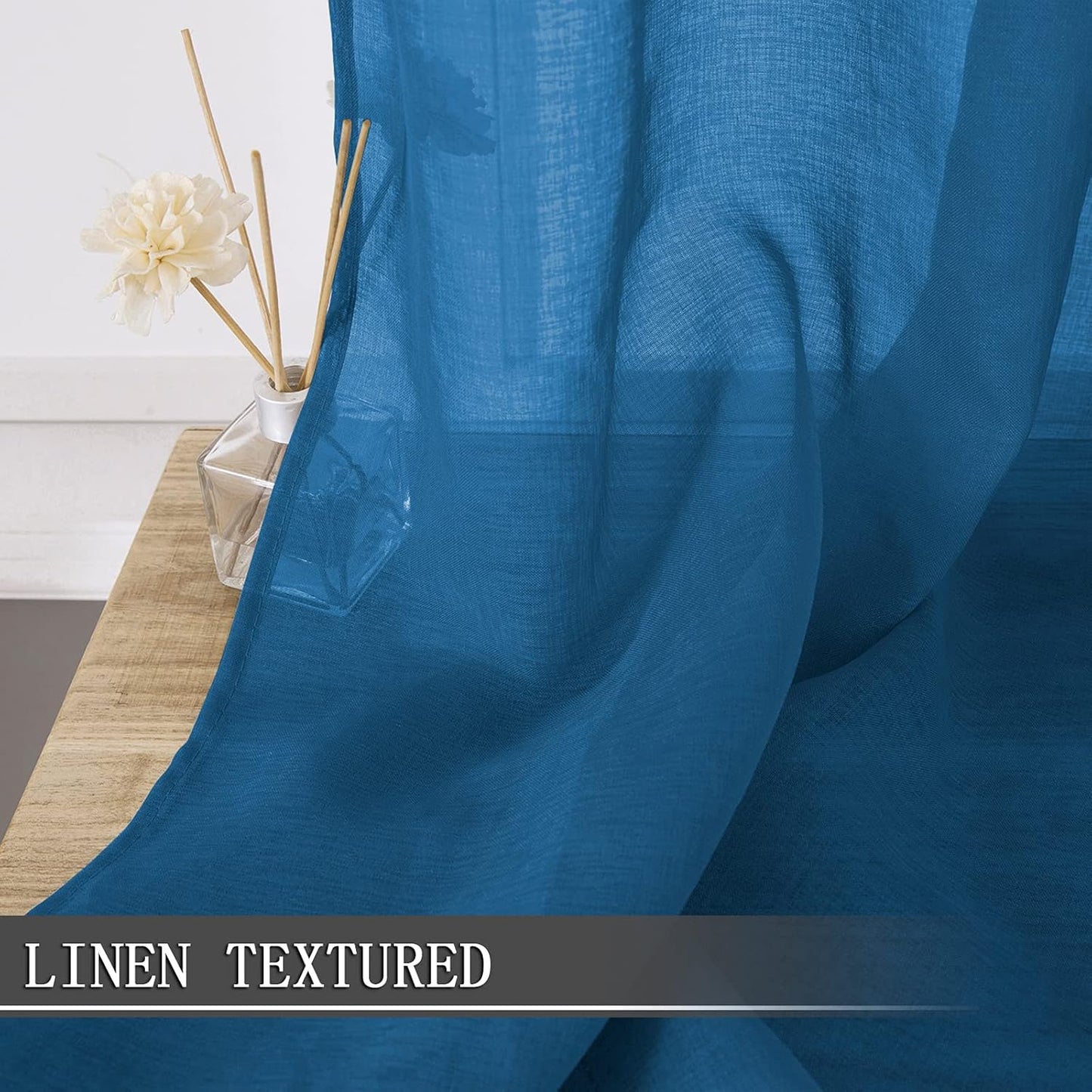 Tollpiz Short Sheer Curtains Linen Textured Living Room Curtain Sheers Light Filtering Rod Pocket Voile Curtains for Bedroom, 42 x 45 inches Long, Classic Blue, Set of 2 Panels