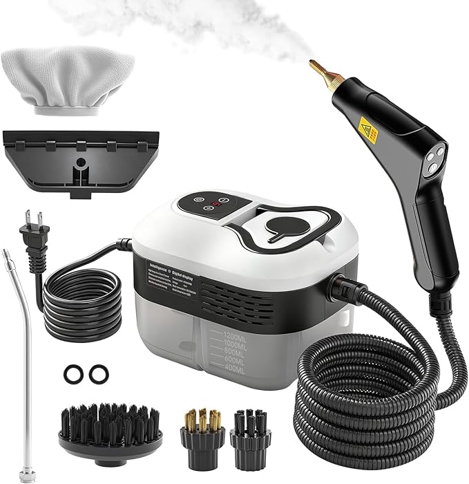 Pressurized Handheld Steam Cleaner, Portable Steamer for Cleaning with 1.2L Large Tank, 15s Fast Heat-Up, 6-Level Adjustable, Powerful Steam Cleaner for Home, Car, Kitchen, Tile, Grout(White)