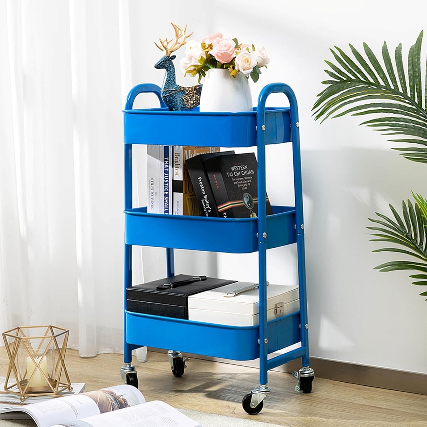 AGTEK Makeup Cart, Movable Rolling Organizer Cart,3 Tier Metal Utility Cart, Aristocratic Blue