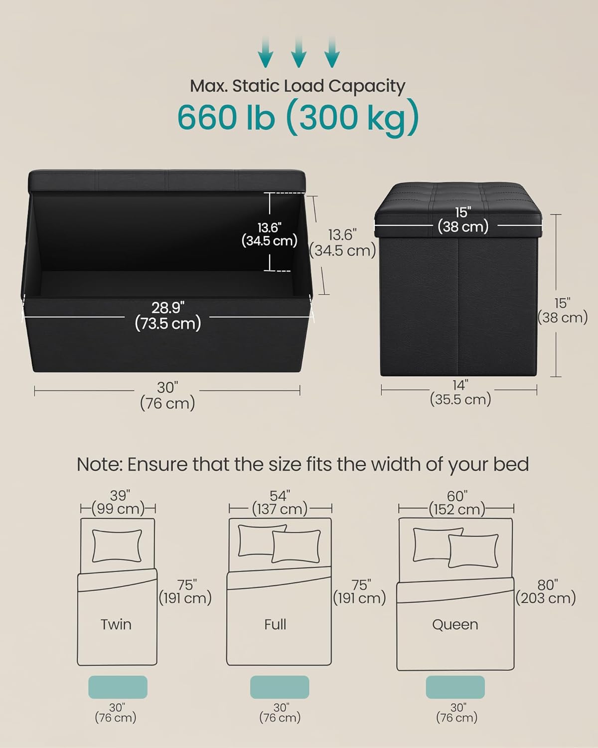 SONGMICS MAZIE Collection - 30 Inches Folding Storage Ottoman Bench, Ottoman with Storage, Foot Rest Stool, Load 660 lb, for Living Room, Synthetic Leather, Black ULSF105